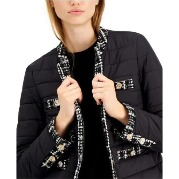 Anne Klein Quilted Puffer Jacket with Tweed Trim – Black (Size M) - Picture 2 of 8